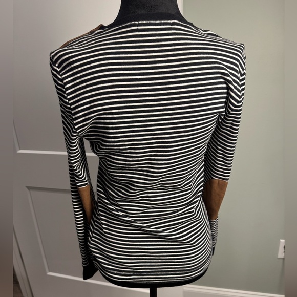 Lauren Ralph Lauren Black White Striped Shoulder Zip Elbow brown Patch Shirt - Picture 5 of 12